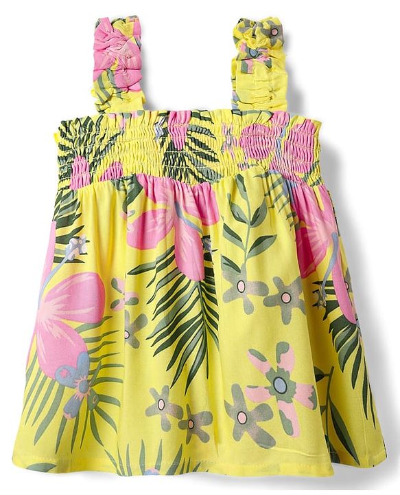 Babyhug Rayon Woven Sleeveless Top with Smocking & Floral Print - Yellow