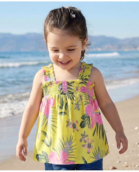 Babyhug Rayon Woven Sleeveless Top with Smocking & Floral Print - Yellow