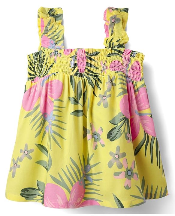 Babyhug Rayon Woven Sleeveless Top with Smocking & Floral Print - Yellow