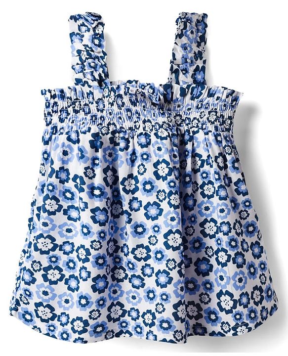Babyhug Rayon Woven Sleeveless Top with Smocking & Floral Print - Light Blue