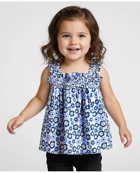 Babyhug Rayon Woven Sleeveless Top with Smocking & Floral Print - Light Blue