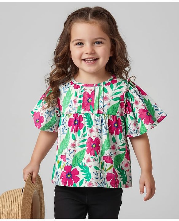 Babyhug Rayon Woven Half Frill Sleeves Top with Floral Print - White