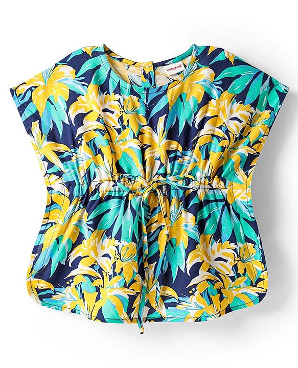 Babyhug Rayon Woven Half Sleeves Kaftan Top with Leaves Print - Navy Blue