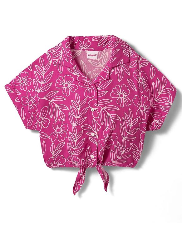 Babyhug Woven Half Sleeves Knotted Top with Floral Print - Dark Pink