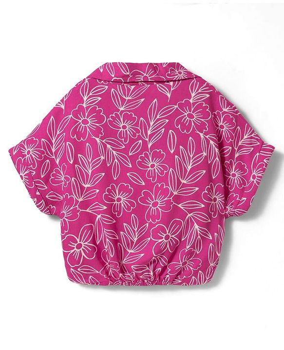 Babyhug Woven Half Sleeves Knotted Top with Floral Print - Dark Pink