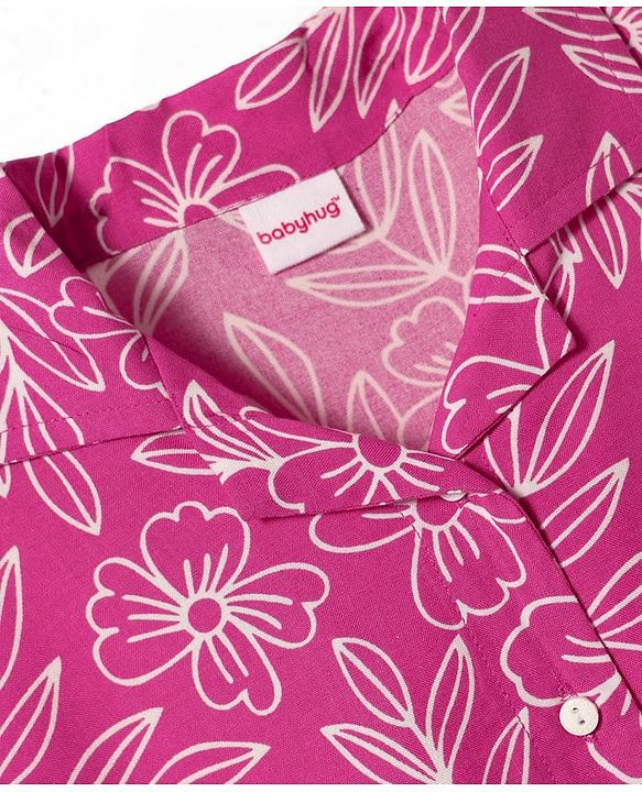 Babyhug Woven Half Sleeves Knotted Top with Floral Print - Dark Pink