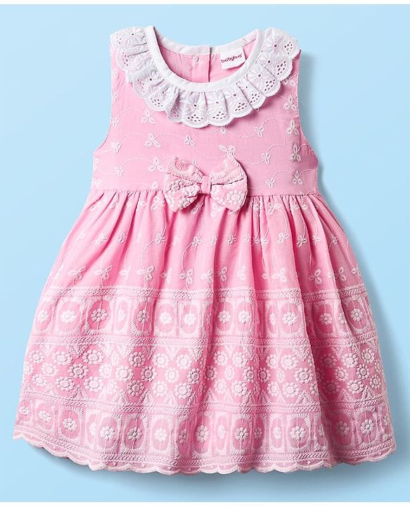 Babyhug Cotton Woven Sleeveless Floral Embroidered Frock With Lace Detailing & Bow Applique - Light Pink