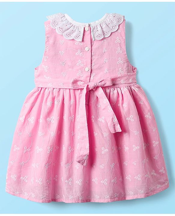 Babyhug Cotton Woven Sleeveless Floral Embroidered Frock With Lace Detailing & Bow Applique - Light Pink
