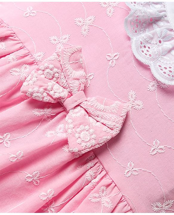 Babyhug Cotton Woven Sleeveless Floral Embroidered Frock With Lace Detailing & Bow Applique - Light Pink