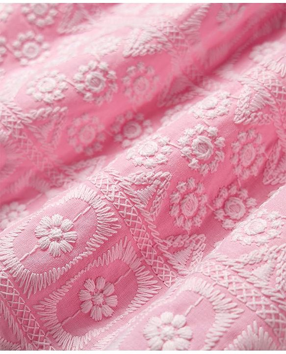 Babyhug Cotton Woven Sleeveless Floral Embroidered Frock With Lace Detailing & Bow Applique - Light Pink