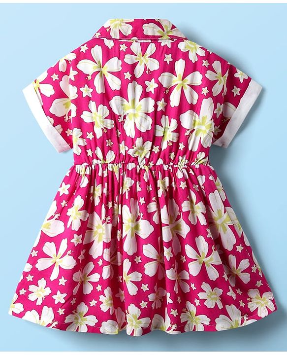 Babyhug Cotton Woven Half Sleeves Frock With Floral Print - Dark Pink