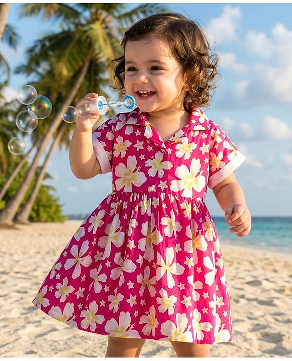 Babyhug Cotton Woven Half Sleeves Frock With Floral Print - Dark Pink