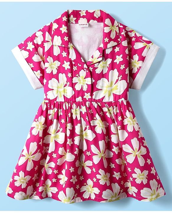 Babyhug Cotton Woven Half Sleeves Frock With Floral Print - Dark Pink