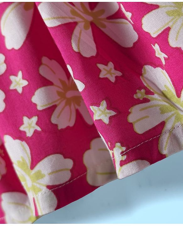 Babyhug Cotton Woven Half Sleeves Frock With Floral Print - Dark Pink