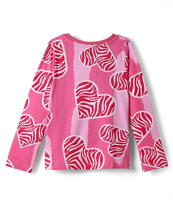Pine Kids Single Jersey Knit Full Sleeves Co-ords Night Suit With Heart Print - Pink