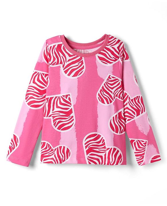 Pine Kids Single Jersey Knit Full Sleeves Co-ords Night Suit With Heart Print - Pink
