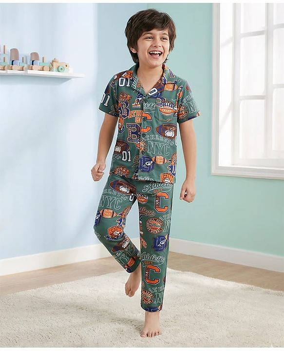 Pine Kids Single Jersey Knit Half Sleeves Co-Ord Night Suit with Sports Print - Foliage Green