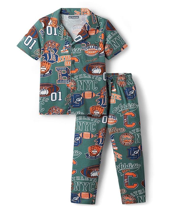 Pine Kids Single Jersey Knit Half Sleeves Co-Ord Night Suit with Sports Print - Foliage Green