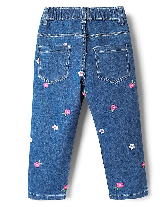 Babyhug Cotton Full Length Stretchable Denim Jeans with Floral Embroidery - Blue