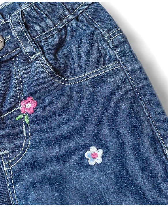 Babyhug Cotton Full Length Stretchable Denim Jeans with Floral Embroidery - Blue