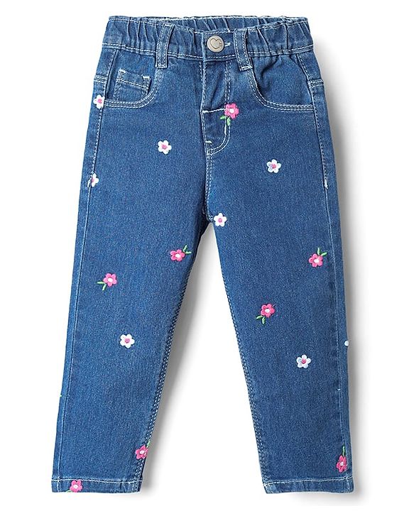 Babyhug Cotton Full Length Stretchable Denim Jeans with Floral Embroidery - Blue