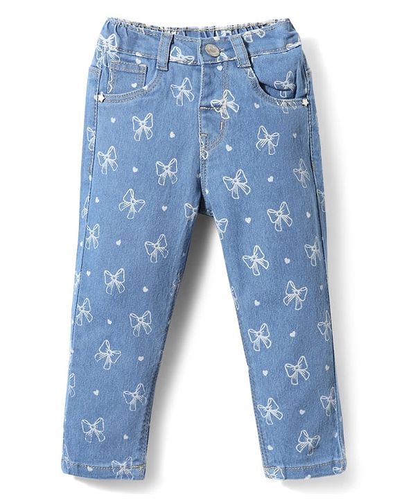 Babyhug Full Length Denim Jeans Washed with Stretch Heart & Bow Print - Blue