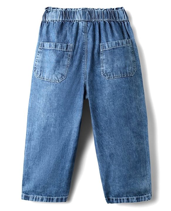 Babyhug Denim Full Length Washed Jeans with Stretch Bow & Floral Applique - Blue