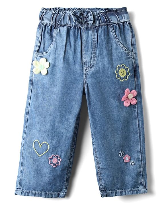 Babyhug Denim Full Length Washed Jeans with Stretch Bow & Floral Applique - Blue