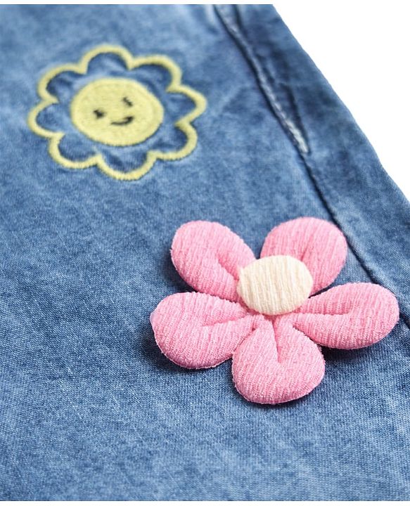 Babyhug Denim Full Length Washed Jeans with Stretch Bow & Floral Applique - Blue