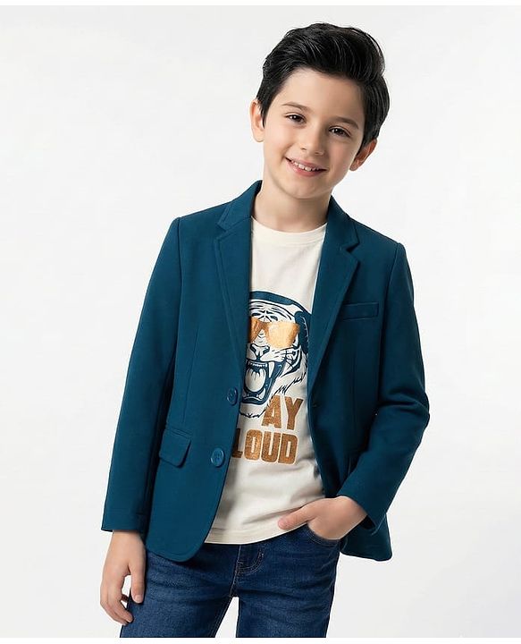 Pine Kids Knit Full Sleeves Solid Blazer With Printed Inner Tee - Teal Blue