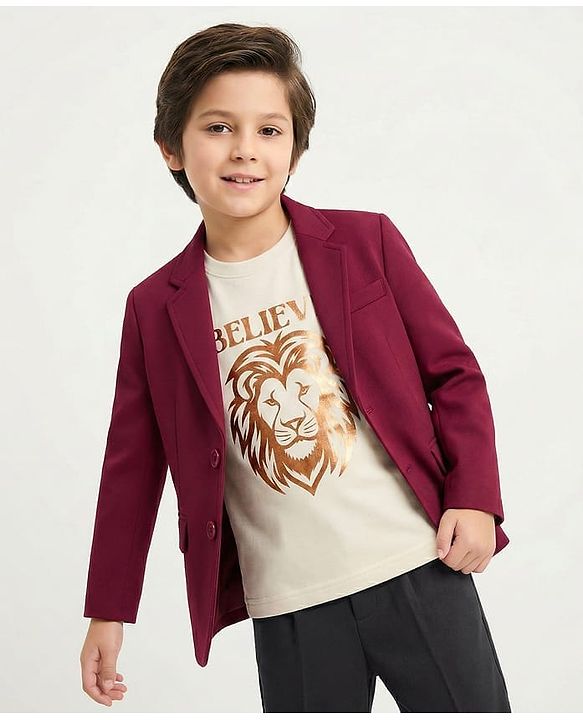 Pine Kids Knit Full Sleeves Solid Blazer With Printed Inner Tee - Maroon