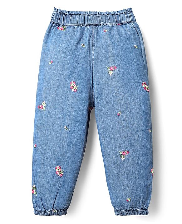 Babyhug Full Length Denim Jeans with Stretch Bow Applique & Floral Embroidery - Blue