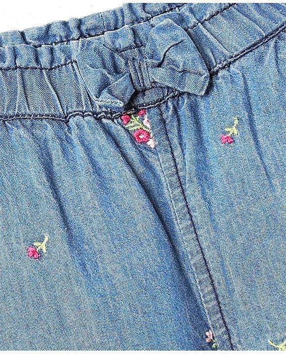Babyhug Full Length Denim Jeans with Stretch Bow Applique & Floral Embroidery - Blue