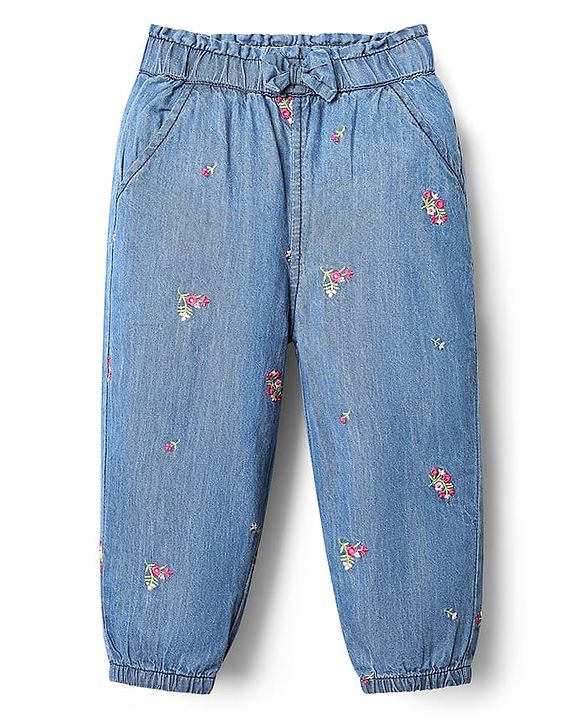 Babyhug Full Length Denim Jeans with Stretch Bow Applique & Floral Embroidery - Blue