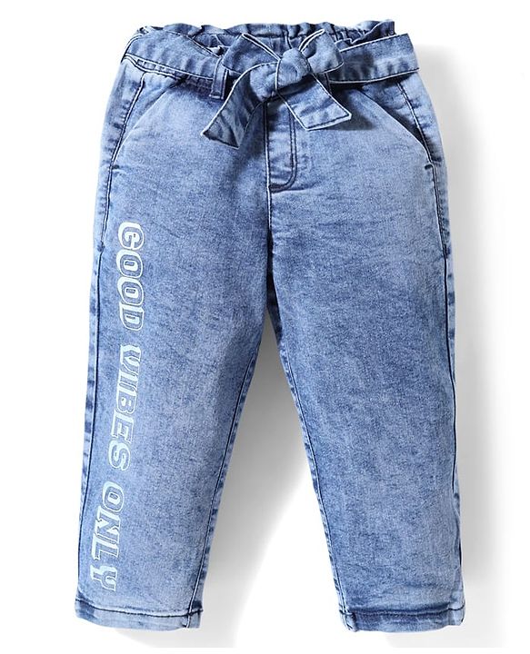 Babyhug Full Length Denim Jeans Washed with Stretch Bow Applique & Good Vibes Only Print - Blue