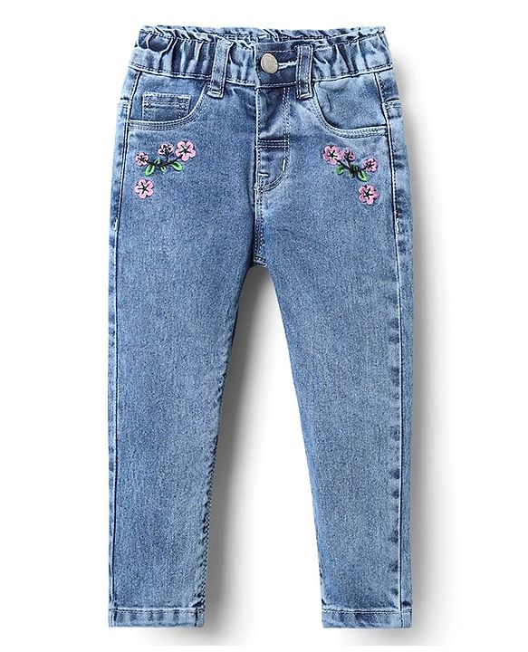 Babyhug Denim Full Length Jeans With Floral Embriodery - Blue