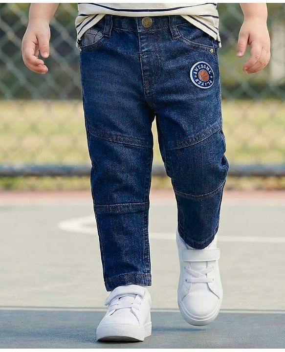 Babyhug Full Length Cut & Sew Denim Jeans with Stretch & Patch Detailing - Navy Blue