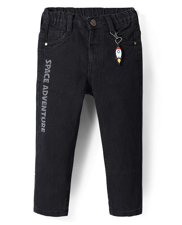 Babyhug Full Length Denim Jeans Washed with Stretch Space Adventure Print & Rocket Applique - Black