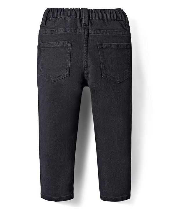 Babyhug Full Length Denim Jeans Washed with Stretch Space Adventure Print & Rocket Applique - Black