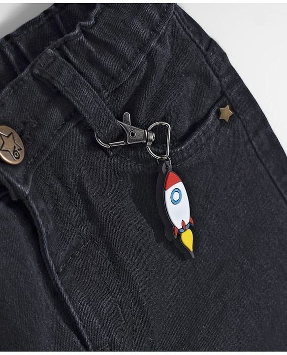 Babyhug Full Length Denim Jeans Washed with Stretch Space Adventure Print & Rocket Applique - Black