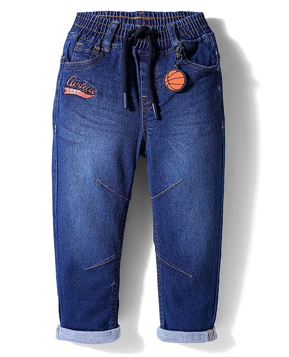 Babyhug Full Length Washed Denim Jeans with Stretch & Text Embroidery - Blue