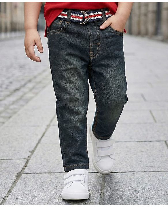 Babyhug Denim Full Length Washed Jeans With Stretch & Belt - Navy Blue