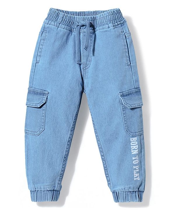 Babyhug Full Length Denim Jeans with Stretch & Born to Play Print - Light Blue