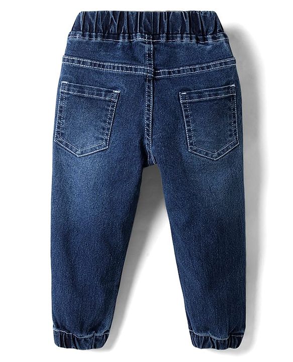 Babyhug Full Length Solid Denim Joggers With Stretch - Blue