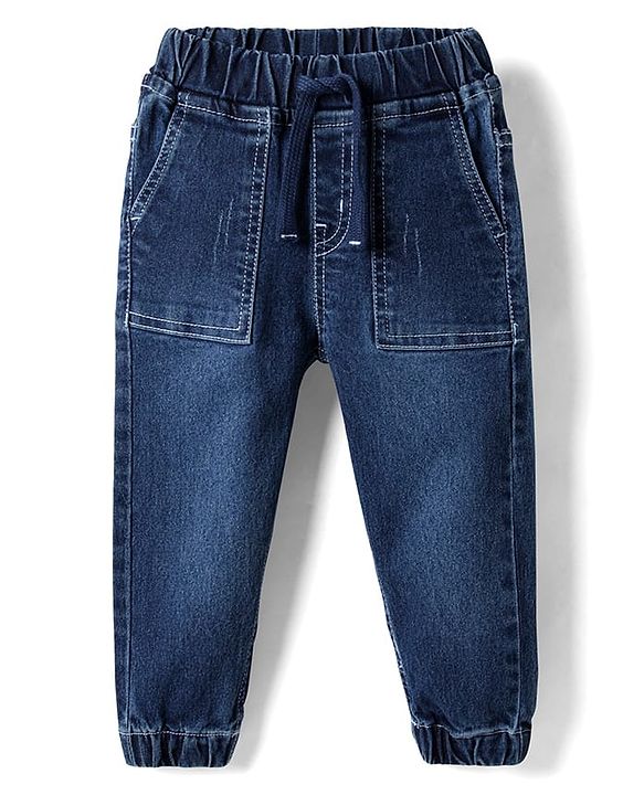 Babyhug Full Length Solid Denim Joggers With Stretch - Blue