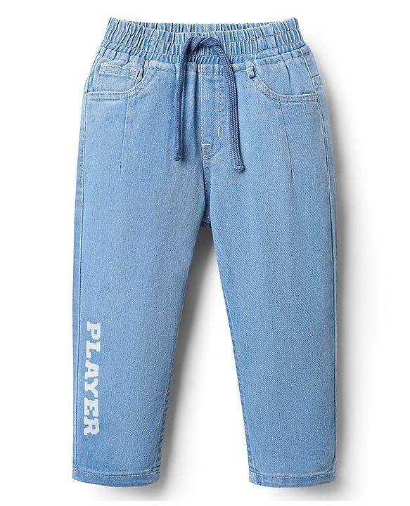 Babyhug Full Length Washed Stretchable Denim Jeans With Player Print - Light Blue