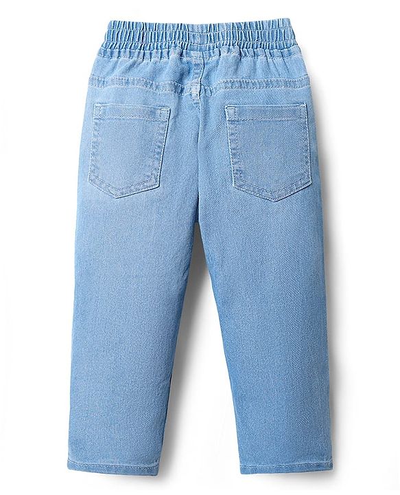 Babyhug Full Length Washed Stretchable Denim Jeans With Player Print - Light Blue
