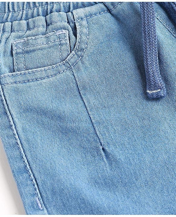 Babyhug Full Length Washed Stretchable Denim Jeans With Player Print - Light Blue