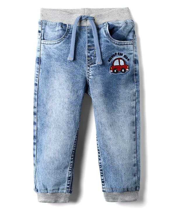 Babyhug Denim Full Length Washed Joggers With Stretch & Vehicle Embroidery - Light Blue