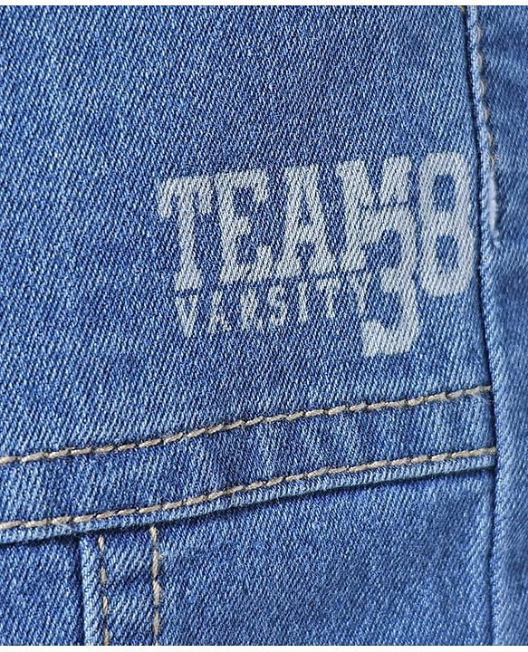 Babyhug Cotton Full Length Stretchable Denim Jeans with Team Varsity 38 Print - Blue